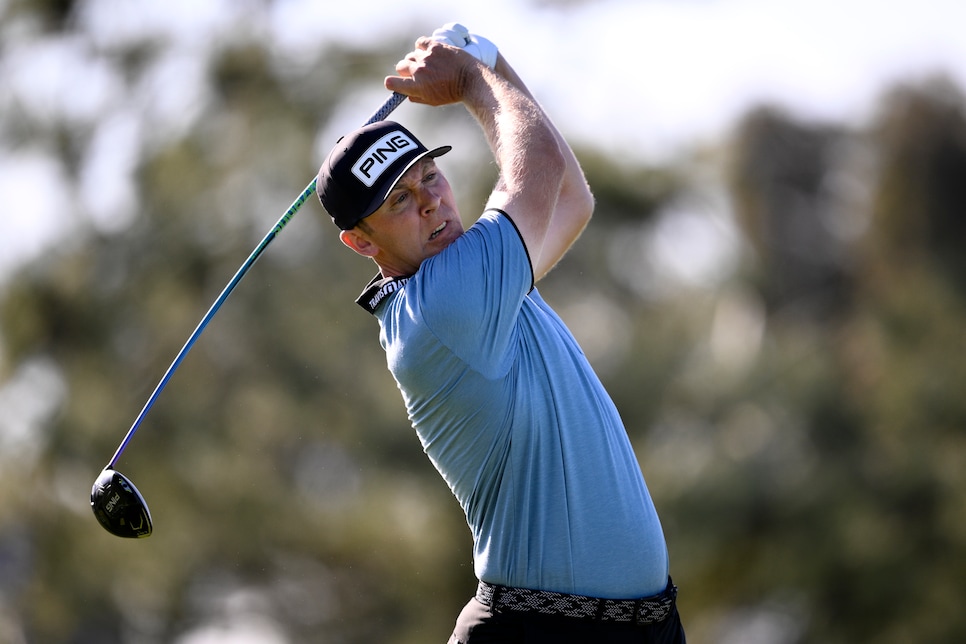 LA JOLLA, CALIFORNIA - JANUARY 30: Seamus Power of Ireland plays his shot from the 13th tee during the second round of the Farmers Insurance Open 2026 at Torrey Pines North Course on January 30, 2026 in La Jolla, California. (Photo by Orlando Ramirez/Getty Images)